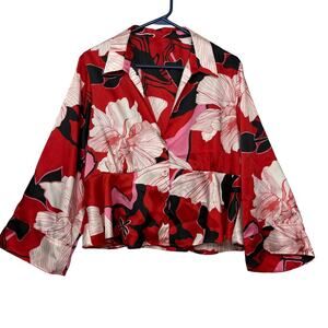 Red floral blouse women's size large pink red and cream satin work wear
